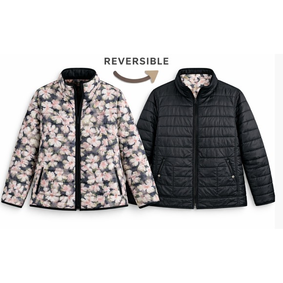 Basler Jackets & Blazers - Basler Reversible Quilted Jacket 50 2X Black Floral Zip Lightweight Germany